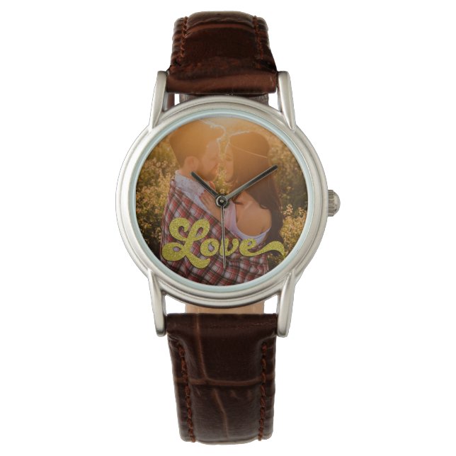 Benutzerdefiniertes Foto mit Gold-Liebe-Overlay Armbanduhr (Vorderseite)