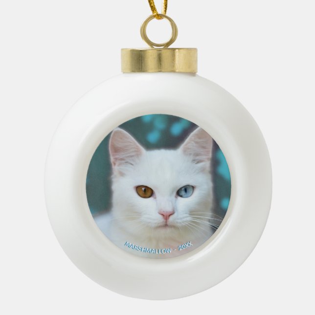Benutzerdefiniertes Foto mit weißer Katze und bear Keramik Kugel-Ornament (Vorderseite)