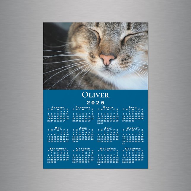 Benutzerdefiniertes Foto Name 2025 Kalender Blue M Magnetkarte (Custom Pet Photo Name 2025 Calendar Blue Magnet in situ)