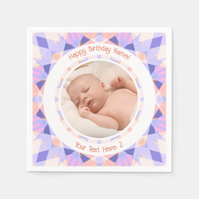 Benutzerdefiniertes Foto Name Alter Rosa Lila Gebu Serviette (Vorderseite)