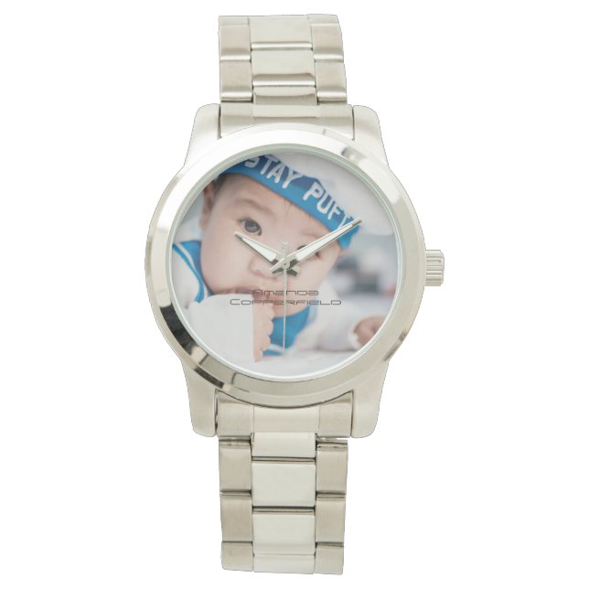 Benutzerdefiniertes Foto Name Frauensilber Armbanduhr (Vorderseite)