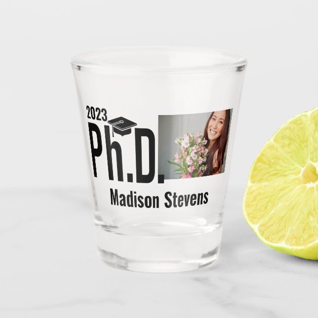 Benutzerdefiniertes Foto, Name und Jahr Ph.D. Schnapsglas (Vorderseite)