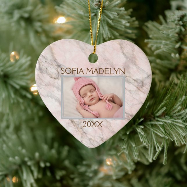 Benutzerdefiniertes Foto Pastellrosa Graues Marmor Keramik Ornament (Baum)