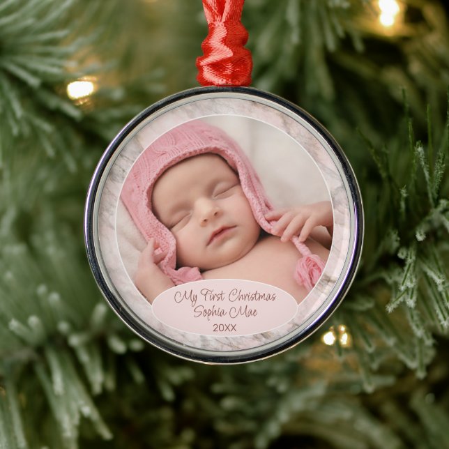 Benutzerdefiniertes Foto Pastellrosa Graues Marmor Ornament Aus Metall (Baum)
