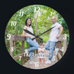 Benutzerdefiniertes Foto personalisierte weiße Buc Große Wanduhr<br><div class="desc">Benutzerdefiniertes Foto personalisierter Name weiße Buchstaben und Zahlen Retro Schriftart Wanduhr. Ein hübsches personalisiertes Geschenk für jeden.</div>