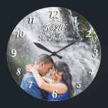 Benutzerdefiniertes Foto personalisierte weiße Buc Große Wanduhr<br><div class="desc">Benutzerdefiniertes Foto personalisierter Name weiße Buchstaben und Zahlen Retro Schriftart Wanduhr. Ein personalisiertes Geschenk für ein Paar,  für Hochzeit,  Verlobung,  Erwärmung oder andere Anlässe.</div>