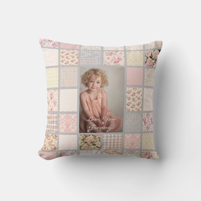 Benutzerdefiniertes Foto Pink & Grau Patchwork Kissen (Vorderseite)