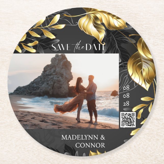 Benutzerdefiniertes Foto QR-Code Grauer Golden Sav Runder Pappuntersetzer (Vorderseite)
