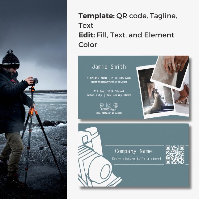 Benutzerdefiniertes Foto QR-Code Karriere Fotograf Visitenkarte (Custom Photo QR code Career Photography Gray Blue Business Card, Photo Symbol, Tagline)