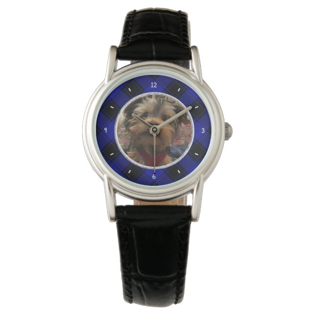 Benutzerdefiniertes Foto Rahmen Blau und Schwarz K Armbanduhr (Vorderseite)