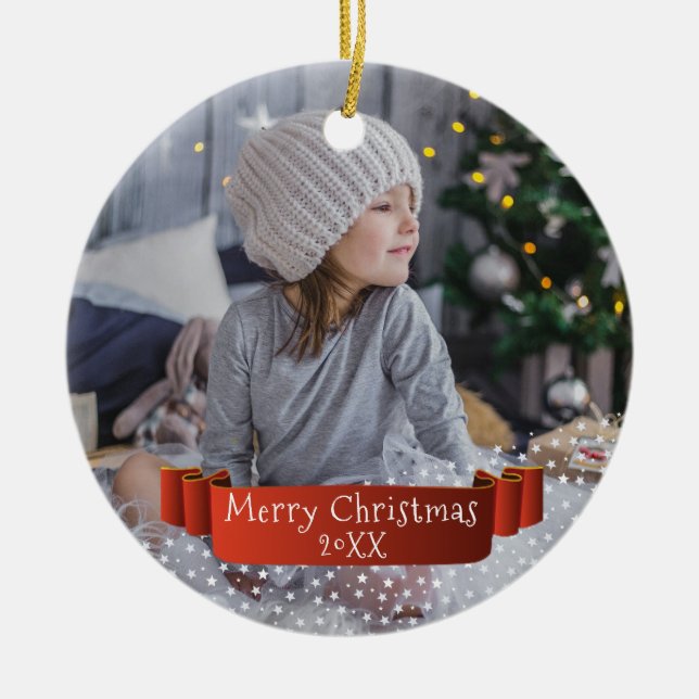Benutzerdefiniertes Foto Red Ribbon Weihnachtsschl Keramik Ornament (Vorne)