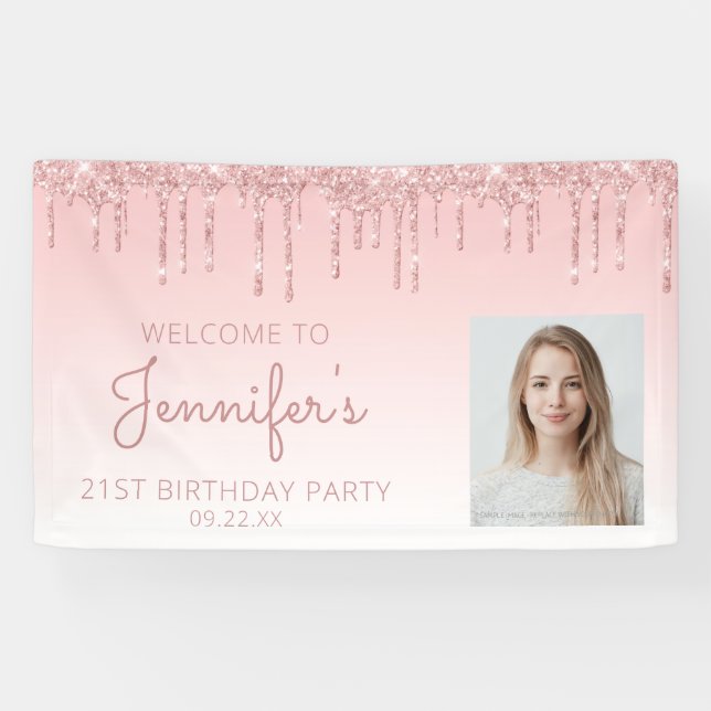 Benutzerdefiniertes Foto Rosa Glitzer Tropfen 21.  Banner (Horizontal)