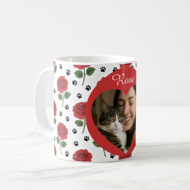 Benutzerdefiniertes Foto rote Rosen und Pfotenabdr Kaffeetasse (Vorderseite Links)