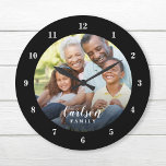 Benutzerdefiniertes Foto und Familienname Personal Große Wanduhr<br><div class="desc">Erstellen Sie eine spezielle runde oder quadratische Wanduhr personalisiert mit Ihrem Foto und Familiennamen Monogramm. Das Design verfügt über einfache, moderne Schwarz-Weiß-Schriftart oder verwenden Sie die Designwerkzeuge, um alle Schriftart und Farben zu wählen, die Ihren eigenen Wohngestaltung Stil. Eine benutzerdefinierte Uhr ist eine einzigartige Weihnachtsgeschenk-Idee für Großeltern, Neueltern oder ein...</div>