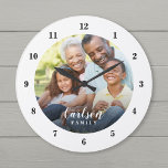 Benutzerdefiniertes Foto und Familienname Personal Große Wanduhr<br><div class="desc">Erstellen Sie eine spezielle rund- oder quadratische Wanduhr, die mit Ihrem Foto und Familiennamen Monogramm personalisiert ist. Das Design ist einfach mit modernen Schwarz-Weiß-Schriftart ausgestattet, oder verwenden Sie die Designwerkzeuge, um Schriftart und Farben zu wählen, die Ihren eigenen Wohngestaltungen-Stil entsprechen. Eine benutzerdefinierte Uhr ist eine einzigartige Weihnachtsgeschenkidee für Großeltern, Neueltern...</div>