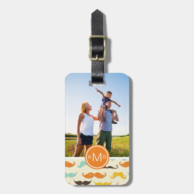 Benutzerdefiniertes Foto und Monogramm-Mustache-Mu Gepäckanhänger (Vorderseite vertikal)