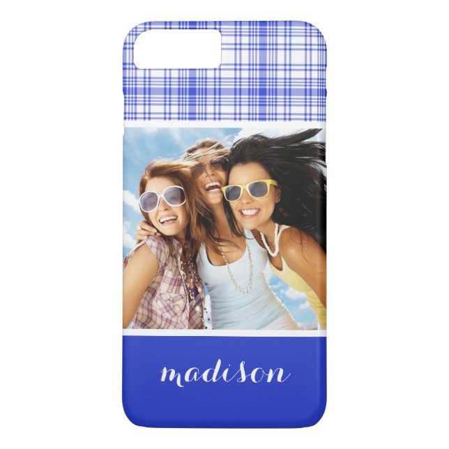 Benutzerdefiniertes Foto und Name Blau Kariert 2 Case-Mate iPhone Hülle (Rückseite)