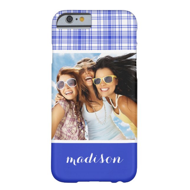 Benutzerdefiniertes Foto und Name Blau Kariert 2 Case-Mate iPhone Hülle (Rückseite)