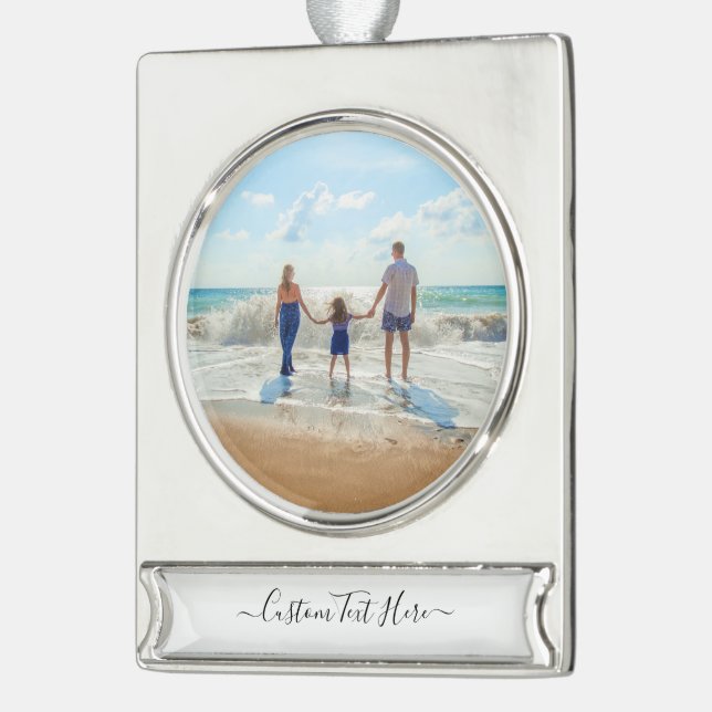 Benutzerdefiniertes Foto und Text - Eigenes Design Banner-Ornament Silber (Links)