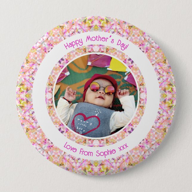 Benutzerdefiniertes Foto Vibrant Pink Happy Green  Button (Vorderseite)
