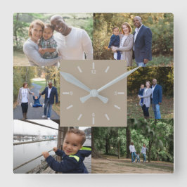 Benutzerdefiniertes Fotoplasma 6 Foto Beige Creme Quadratische Wanduhr