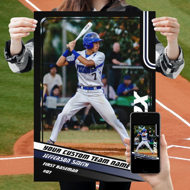 Benutzerdefiniertes Geschenk für Baseball Player i Poster (Baseball Player Poster in Black with Custom Team Name and White Blue Stripes)