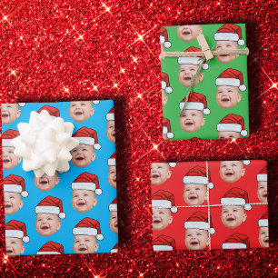 Benutzerdefiniertes Gesicht Foto Weihnachtsmann Hu Geschenkpapier Set