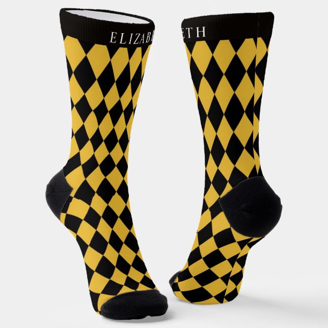 Benutzerdefiniertes Hellgelb-Schwarzes Argyle-Must Socken (Gewinkelt)