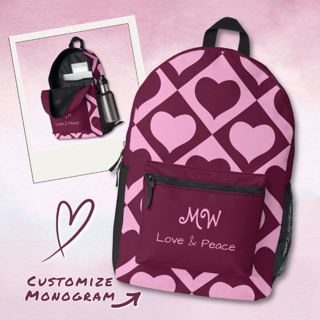 Benutzerdefiniertes Herz Karomuster Bordeaux Rosa  Bedruckter Rucksack (Von Creator hochgeladen)