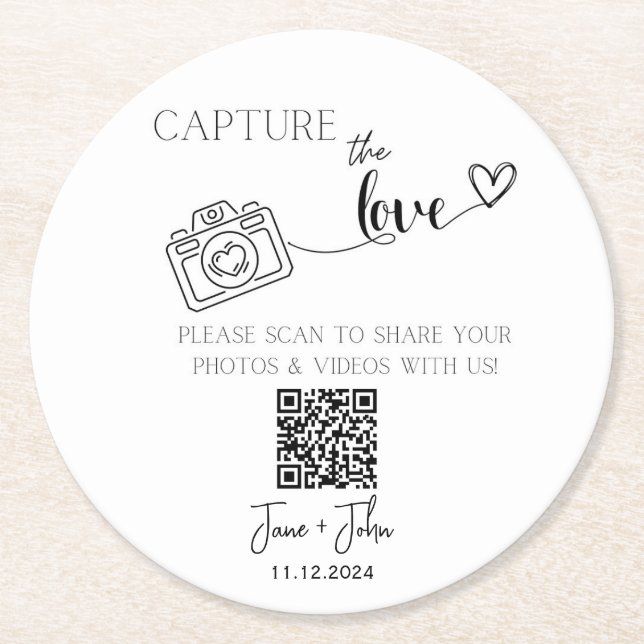 Benutzerdefiniertes Hochzeiten Foto QR Code-Zeiche Runder Pappuntersetzer (Vorderseite)