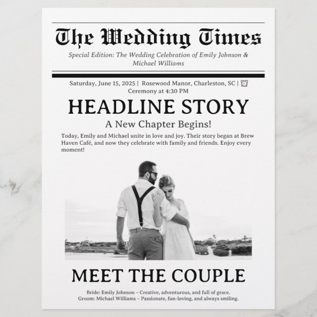 Benutzerdefiniertes Hochzeitsprogramm in Zeitungsf (Vorne)