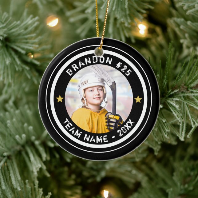 Benutzerdefiniertes Hockey Player Nummer Team Foto Keramik Ornament (Baum)