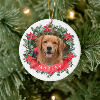 Benutzerdefiniertes Hunde-Foto mit Namens-Kranz Keramik Ornament