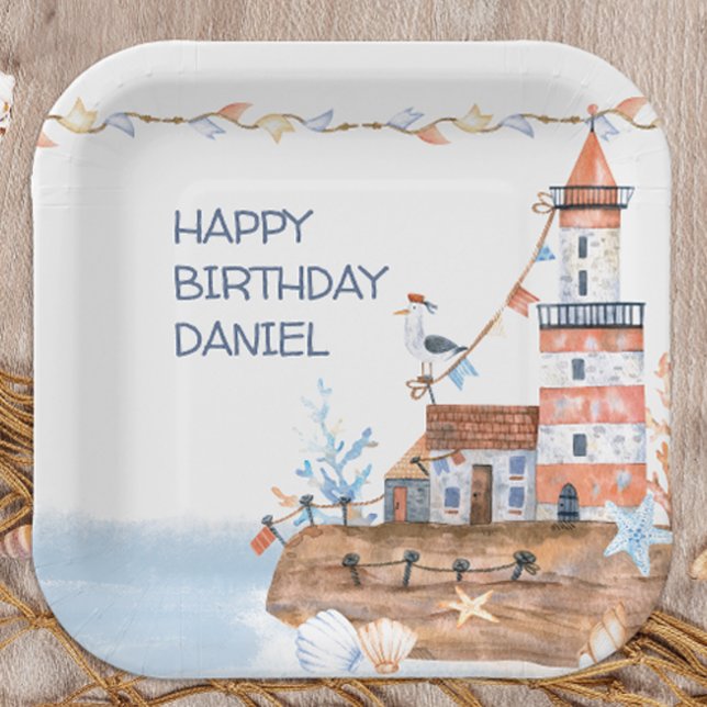 Benutzerdefiniertes Leuchtturm Pappteller (Personalized plate for nautical themed birthday party)