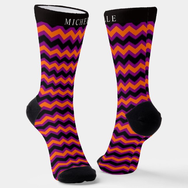 Benutzerdefiniertes Lila orangefarbenes Zickzack M Socken (Gewinkelt)