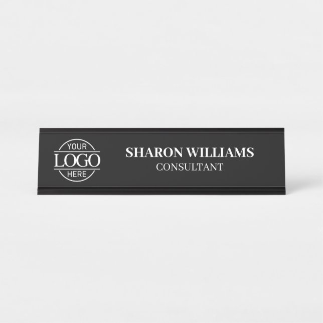 Benutzerdefiniertes Logo | Berufliches Schwarz-wei Schreibtischnamensplakette (Vorderseite )