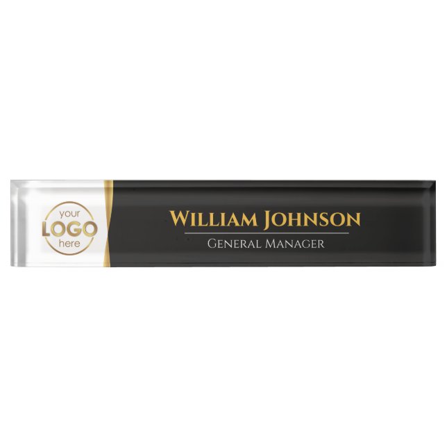 Benutzerdefiniertes Logo Elegante Black Gold Desk  Namensplakette (Vorderseite)