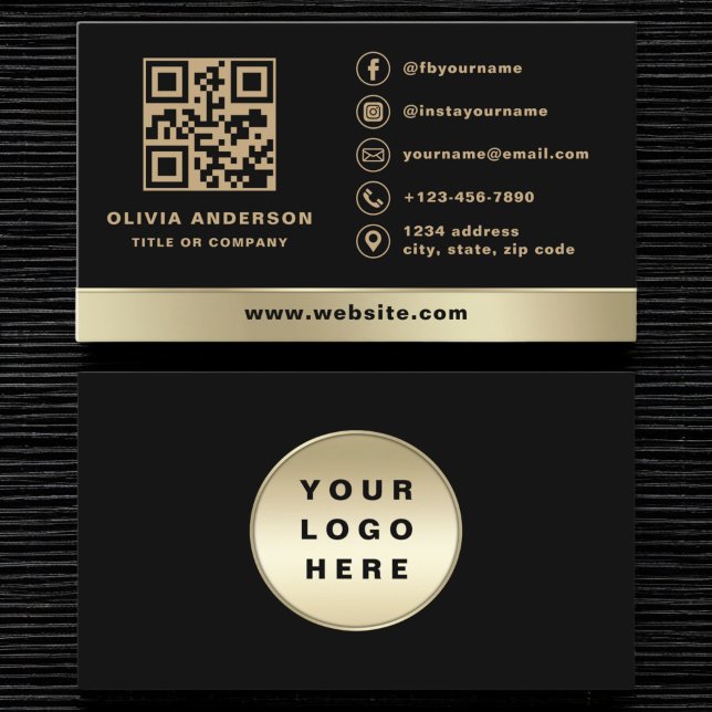 Benutzerdefiniertes Logo Eleganter Black Gold QR C Visitenkarte (Von Creator hochgeladen)