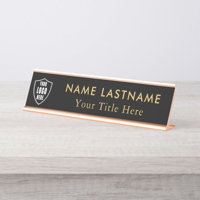 Benutzerdefiniertes Logo Elegantes schwarzes Gold Schreibtischnamensplakette (Vorderseite )