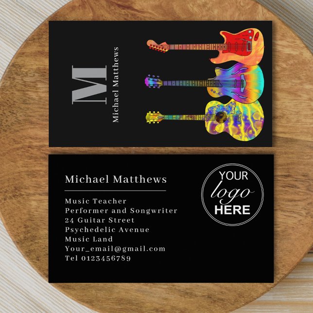 Benutzerdefiniertes Logo für moderne Gitarrenlehre Visitenkarte (Guitar teacher logo custom business card with colorful guitars and monogram)