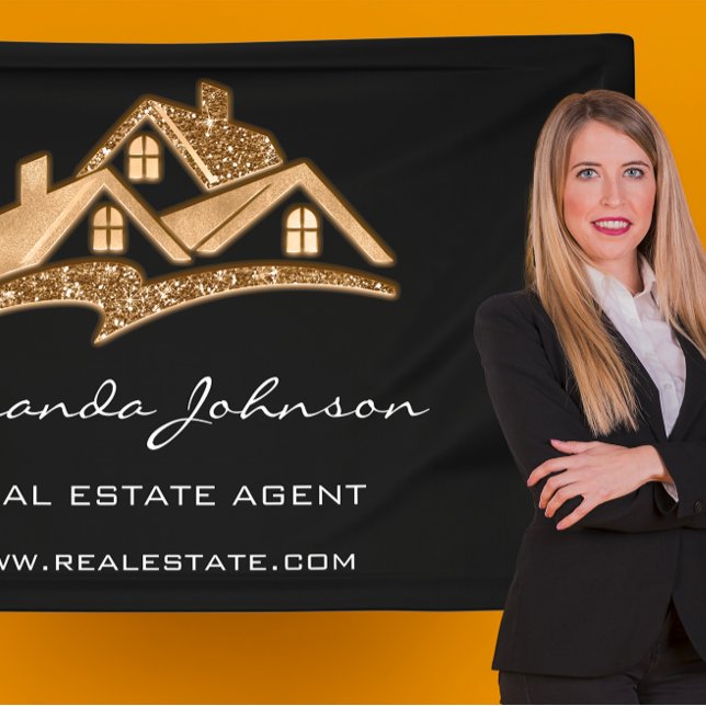 Benutzerdefiniertes Logo House Real Anwesen Agent  Banner (Custom Logo House Real Estate Agent Gold Black Squ Banner)