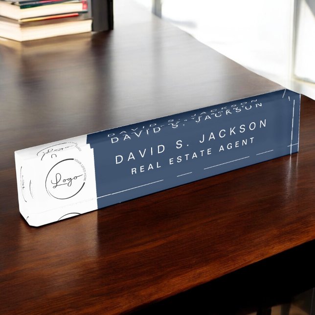 Benutzerdefiniertes Logo Navy Blue Elegant Berufli Namensplakette (Von Creator hochgeladen)