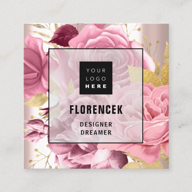 Benutzerdefiniertes Logo QR CODE Rose Gold Blumenb Quadratische Visitenkarte (Vorderseite)