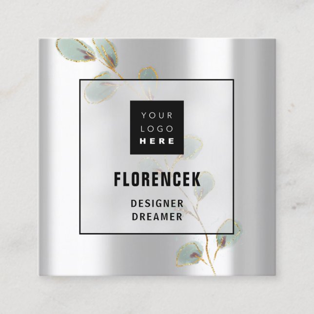 Benutzerdefiniertes Logo QR CODE Silver Grey Green Quadratische Visitenkarte (Vorderseite)