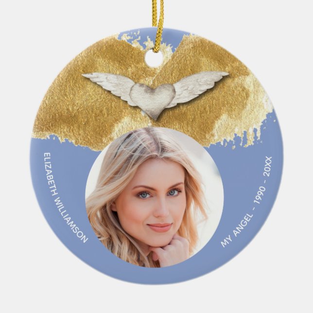 Benutzerdefiniertes Memorial Angel Wings Foto beib Keramik Ornament (Vorne)