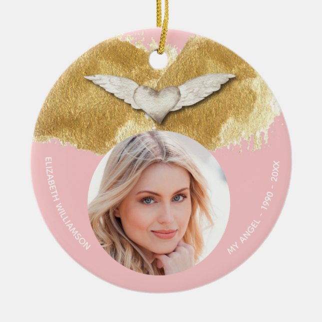 Benutzerdefiniertes Memorial Angel Wings Foto beib Keramik Ornament (Vorne)