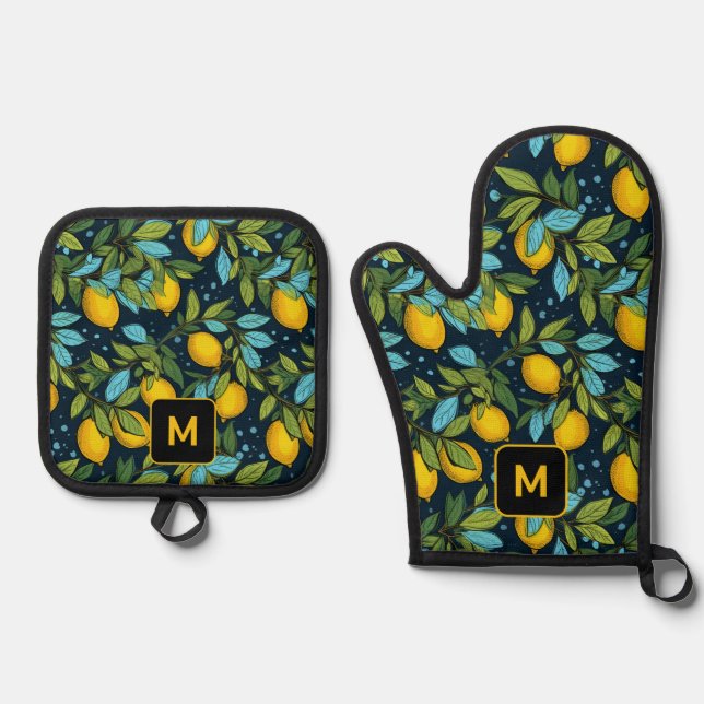 Benutzerdefiniertes Monogram-Lemon-Muster Ofenhandschuh & Topflappen-Set (Vorderseite)