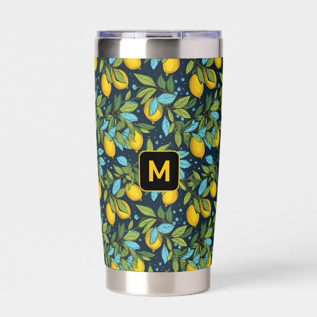 Benutzerdefiniertes Monogram-Lemon-Muster Thermobecher (Vorderseite)