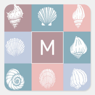 Benutzerdefiniertes Monogram Seashells Muster Quadratischer Aufkleber