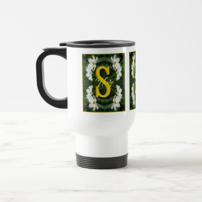 Benutzerdefiniertes Monogramm Anfangsname Weiße Da Reisebecher (Links)